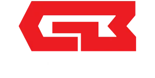 a red and white logo of GB motors