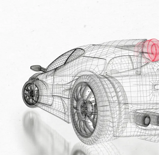A wireframe rendering of a modern sports car